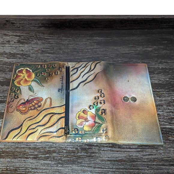 Anuschka Painted Multi color Multicompartment Leather Tri Fold Long Wallet - Picture 3 of 4